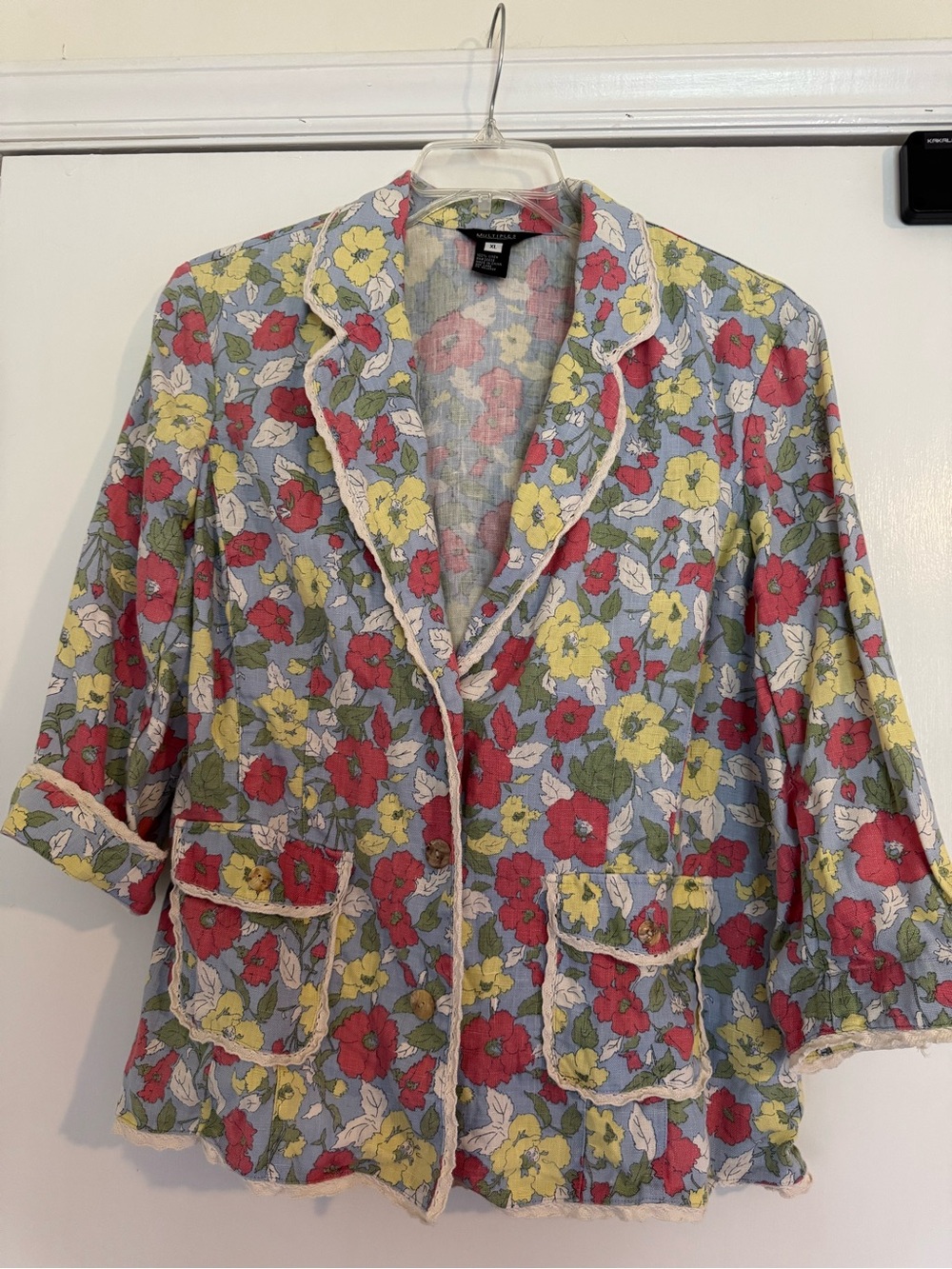 Multiples Floral Linen Blazer in Blue, Red & Yellow
